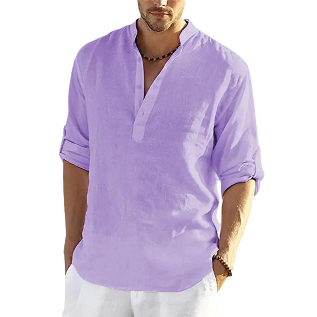 Men's Casual Cotton Linen Solid Color Long Sleeve Shirt Loose Stand Collar - Modern District