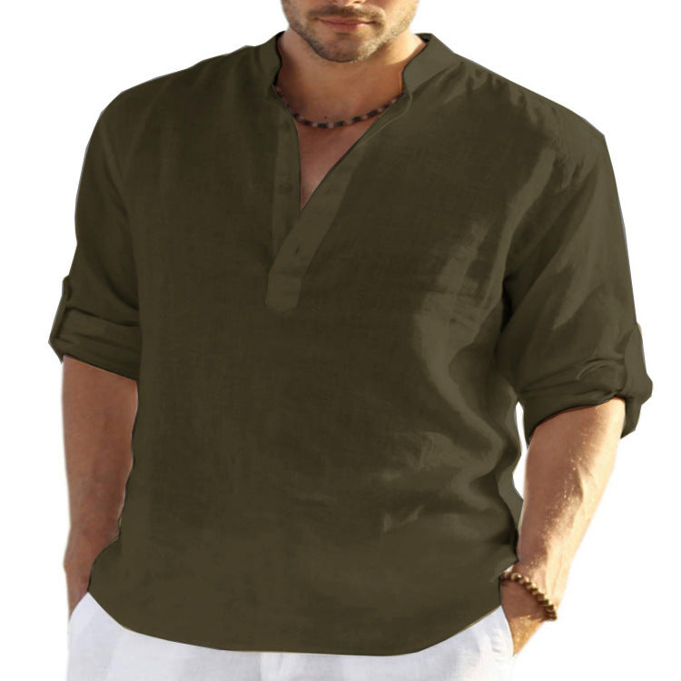 Men's Casual Cotton Linen Solid Color Long Sleeve Shirt Loose Stand Collar - Modern District